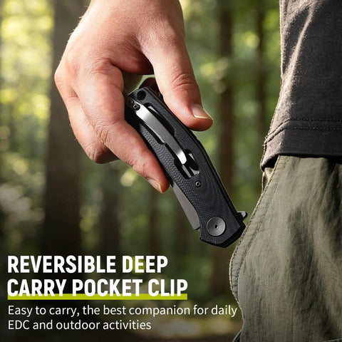 Person holding Folding Pocket Knife With 3.23 Inch Stainless Steel Blade And G10 Handle Pocket Clip EDC Knife, close-up view.