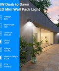 Dusk To Dawn Photocell LED Wall Pack Light illuminating outdoor patio, 3600 lumens, 5000K daylight, IP65 waterproof, commercial use