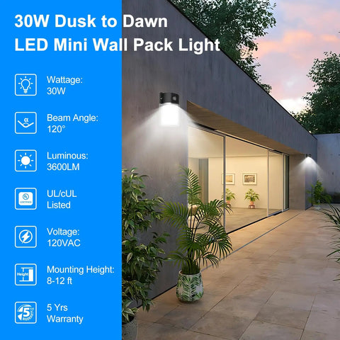 Dusk To Dawn Photocell LED Wall Pack Light illuminating outdoor patio, 3600 lumens, 5000K daylight, IP65 waterproof, commercial use