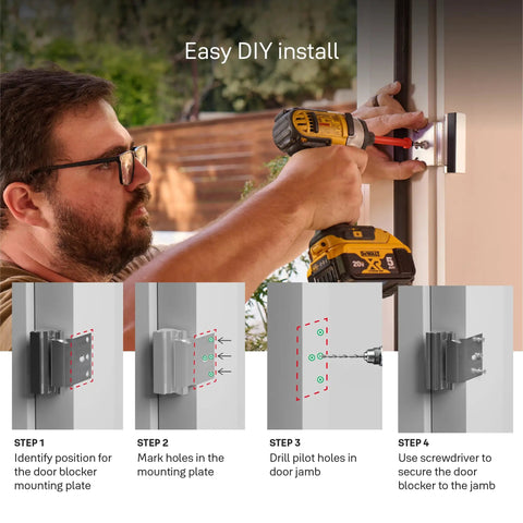 Man demonstrating easy DIY install of Dead Simple Door Blocker With Childproof Security And Solid Steel Design For Front Doors.