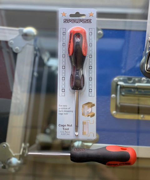 Packaged No Fuss Cage Nut Insertion Tool with patented tip for three-eighths inch square hole rack rails, visible on shelf.