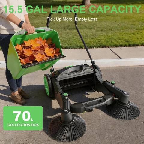 Grab A No Hook Walk-Behind Floor Sweeper With Fourty Two Sweep Width And 15 Gallon Hopper Capacity Perfect For Clearing Warehouses And Driveways Fast Without Needing Any Power Electricity Gasoline Or Batteries Just Push And Go To Keep Your Space Super