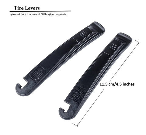 Close-up of two black tire levers of Sixteen In One Bike Repair Tool Kit With Tire Levers Emergency Patch Kit Mini Pump And Nylon Frame Mount Bracket Compact Nine Point Two Inch Size Dog Bone Shaped Handle For On The Go Maintenance