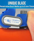 Close-up of Ratcheting Duct And Cable Slitter Pro Grade with unique blade slitting a 5 mm duct, non-slip grip visible.