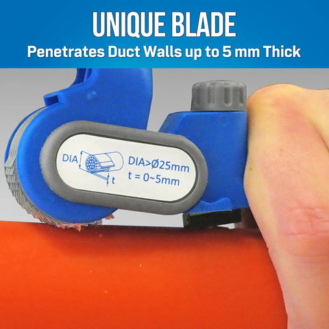 Close-up of Ratcheting Duct And Cable Slitter Pro Grade with unique blade slitting a 5 mm duct, non-slip grip visible.