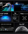 Image showcasing features of 4K AI Auto Tracking PTZ Camera With 3X Optical Zoom And 93 Degree Wide Angle For Video Conferencing Live Streaming.
