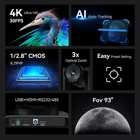 Image showcasing features of 4K AI Auto Tracking PTZ Camera With 3X Optical Zoom And 93 Degree Wide Angle For Video Conferencing Live Streaming.