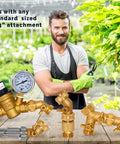 Solid Brass Garden Hose Elbow 45 Degree Bend Three Quarter Inch FHT And Three Quarter Inch MHT With On Off Shutoff Valve And Swivel Connection, Leakproof Water Hose Fittings Includes Tape And Two Extra Washers For Easy No Fuss Setup. 3/4 inch attachment shown in greenhouse