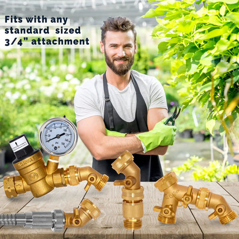 Solid Brass Garden Hose Elbow 45 Degree Bend Three Quarter Inch FHT And Three Quarter Inch MHT With On Off Shutoff Valve And Swivel Connection, Leakproof Water Hose Fittings Includes Tape And Two Extra Washers For Easy No Fuss Setup. 3/4 inch attachment shown in greenhouse