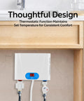 Instant Hot Water Heater Tankless 5.5Kw Electric On Demand Unit Featuring Touchscreen Control and Rust Proof Stainless Steel Body installed under sink.