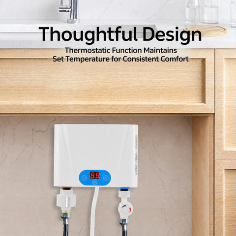 Instant Hot Water Heater Tankless 5.5Kw Electric On Demand Unit Featuring Touchscreen Control and Rust Proof Stainless Steel Body installed under sink.