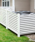 Two 44 Inch By 44 Inch Vinyl Privacy Fence Panels For Outdoor Air Conditioner And Trash Can Enclosure with metal stakes in backyard