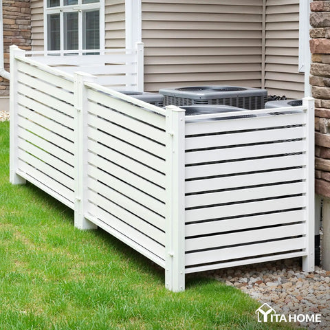 Two 44 Inch By 44 Inch Vinyl Privacy Fence Panels For Outdoor Air Conditioner And Trash Can Enclosure with metal stakes in backyard