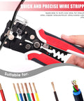 Close-up of a self adjusting wire strippers 3 in 1 stripper cutter crimp tool for 10 to 24 AWG in action cutting a black wire.