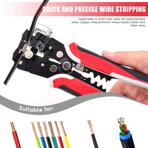 Close-up of a self adjusting wire strippers 3 in 1 stripper cutter crimp tool for 10 to 24 AWG in action cutting a black wire.