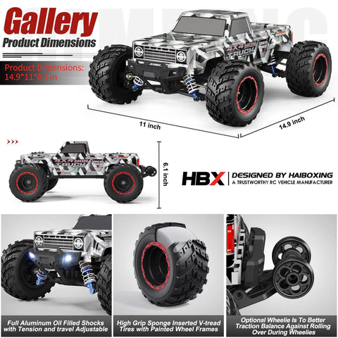 Off Road 1 By 12 Scale Brushless RC Monster Truck 4X4 Beasts With 55 KMH Top Speed Ready To Run with product dimensions.