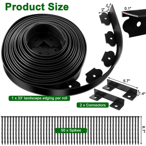 No Dig Landscape Edging Kit For Flower Beds And Lawns 33 Ft Border with anchoring spikes, connectors, and measurements