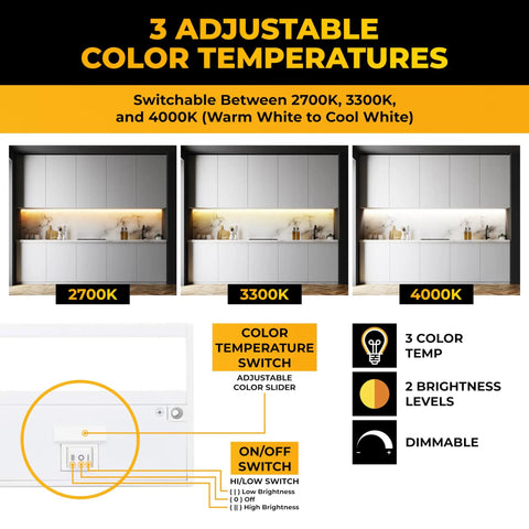 Under Cabinet Lighting 18 Inch White Finish With 3 CCTs 2700K 3000K 4000K Dimmable And Linkable showing color temperature options