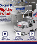 Built Tough Electric Deep Fryer Oil Filter System With Rapid Impurity Removal And Heavy Duty Portable Discard Grease Trolley For Busy Kitchen Crews Running Smooth, 8 gal/min pump in use.