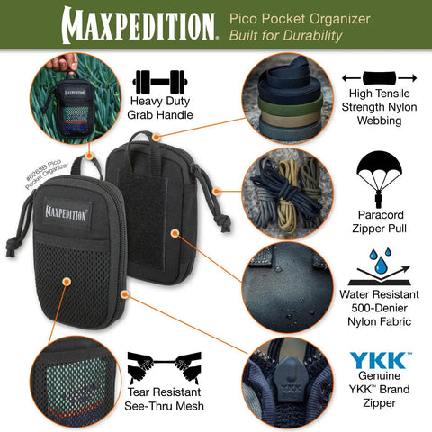 Black Pico Pocket Organizer Ultra Compact EDC Gear Pouch Tactical Utility Pouch with features labeled, including YKK zipper and tear-resistant mesh.