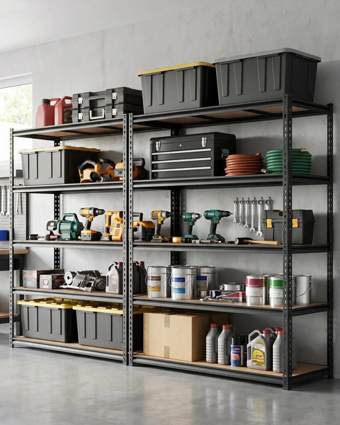 Beefy 5-Tier Steel Shelving Unit With 60 Inch Wide 24 Inch Deep 72 Inch High Carbon Steel Frame Holds Up To 2,500 Lbs Total Capacity With 500 Lbs Per Shelf For Heavy Tools Boxes And Large Equipment in garage with bins and tools
