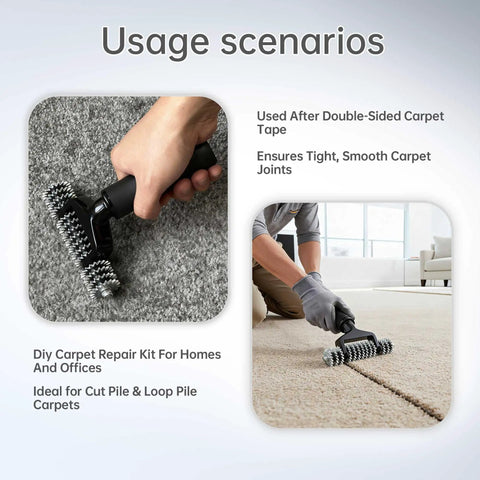Diy No Sweat Carpet Patch Repair Kit With 5 Inch Star Wheel Seam Roller And 16 Ft Double Sided Carpet Joining Tape For Easy Home And Office Repairs Ideal For Quick Patches, carpet seam roller on gray and beige carpet