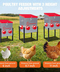 Top Shelf Metal Chicken Feeder With 30 Pound Capacity And Six Accessible Ports Cuts Waste Fast While Keeping Your Flock Fully Fed Includes Sturdy Adjustable Legs Plus A Handy Veggie Tray For Fresh Greens And Quick Snacks, shown with height adjustments at 6, 8.7, and 11 inches.