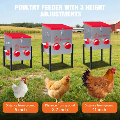 Top Shelf Metal Chicken Feeder With 30 Pound Capacity And Six Accessible Ports Cuts Waste Fast While Keeping Your Flock Fully Fed Includes Sturdy Adjustable Legs Plus A Handy Veggie Tray For Fresh Greens And Quick Snacks, shown with height adjustments at 6, 8.7, and 11 inches.