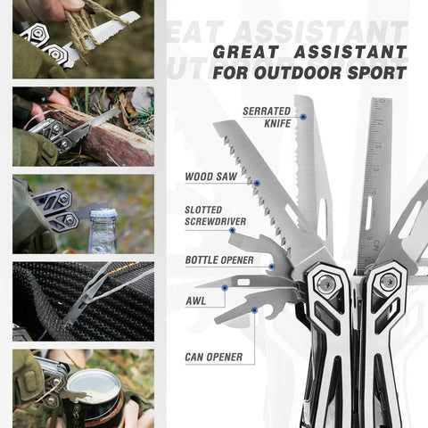 Multitool 21 In 1 Stainless Steel Pocket Knife With Screwdriver Sleeve Self Locking Pliers and accessories for outdoor use.