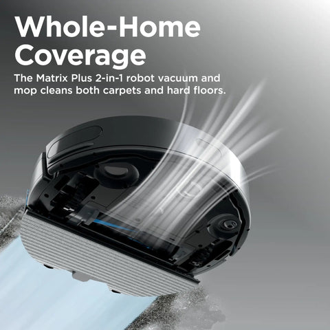 Matrix Plus 2in1 Robovac And Mop With Sonic Mopping Matrix Clean Smart Home Mapping HEPA Bagless Self Empty Base CleanEdge shown cleaning floors
