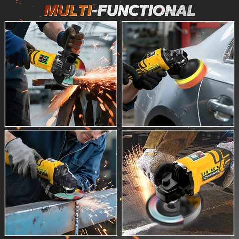 Cordless 4.5 Inch Angle Grinder With Brushless Motor and LED 3 Speed Settings in action, metal cutting and polishing