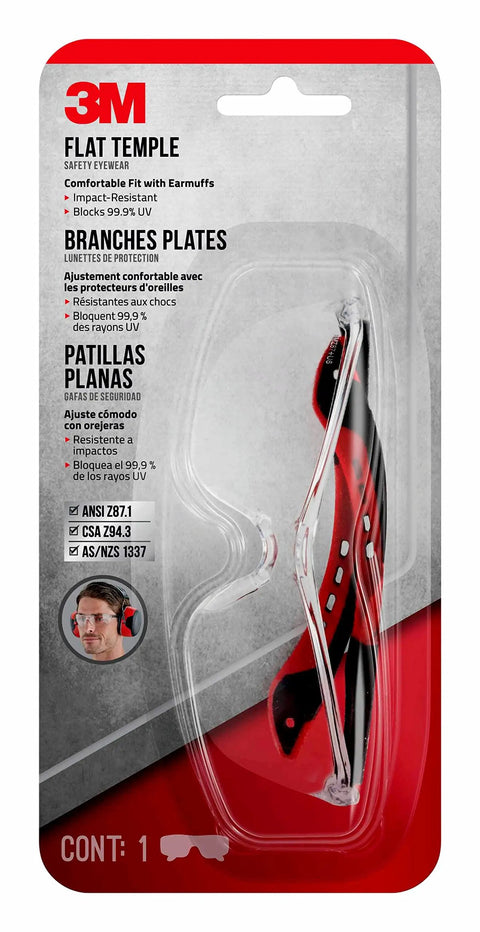 Packaged 3M flat temple safety glasses with red frame and clear lenses for protection
