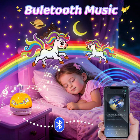 Girl sleeping under unicorn projections from Dinosaur Story Projector And Bluetooth 5.0 Speaker For Kids Room, phone connected