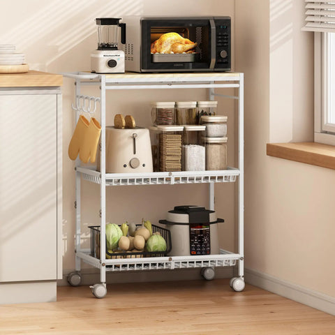Mobile Kitchen Cart With 3 Tiers And Lockable Wheels White Rolling Storage Cart With Push Handle Sturdy 210 Lb Capacity