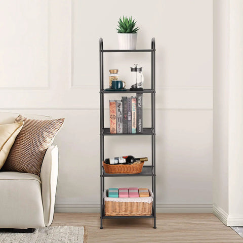 Rock Solid And Super Roomy Five Tier Extendable Metal Wire Storage Rack Heavy Duty Adjustable Height Shelf Plant Stand No Sweat Assembly For Home Or Garage Charcoal Gray with books and plants.