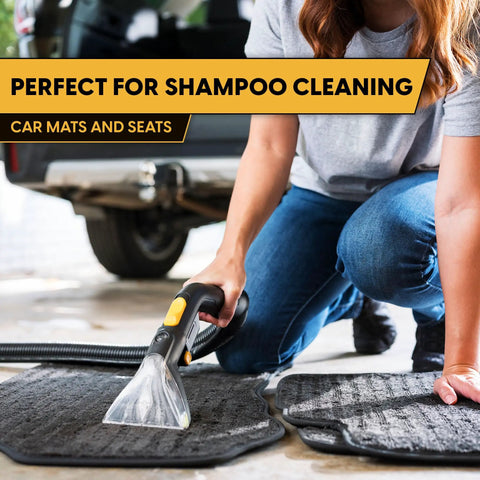 Professional Grade Wet Dry Upholstery Shampoo Vacuum Featuring Remote Control Handle And Six Gallon Tank For Autos Carpets And Furniture Bad Ass Dirt Hog Rig in use on car mats.
