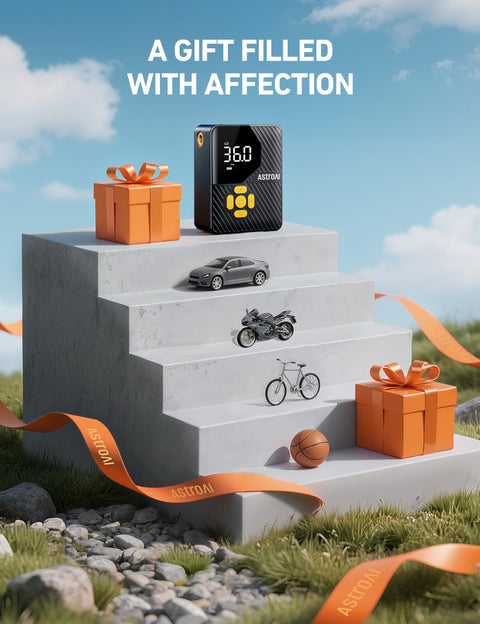 L7 Mini Tire Inflator Portable Air Compressor with LED on step display with gifts, car, motorcycle, bicycle, and ball