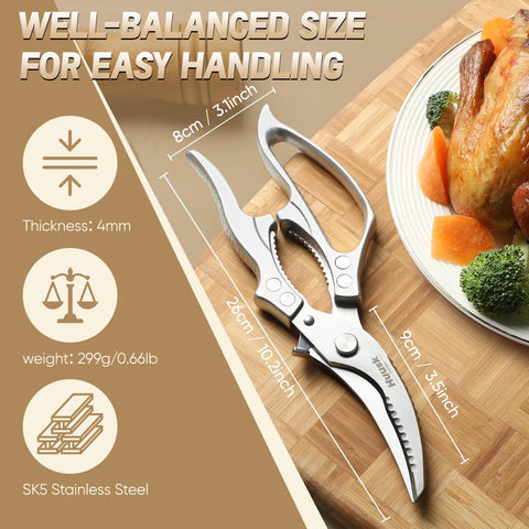 Heavy Duty Poultry Shears For Effortless Cutting And All Purpose Kitchen Scissors With Sharp Durable Blades, Ergonomic Handles, Ideal For Trimming Drumsticks, Wings, Thighs, Ribs, And Both Raw Or Cooked Poultry. SK5 stainless steel shears on cutting board with turkey