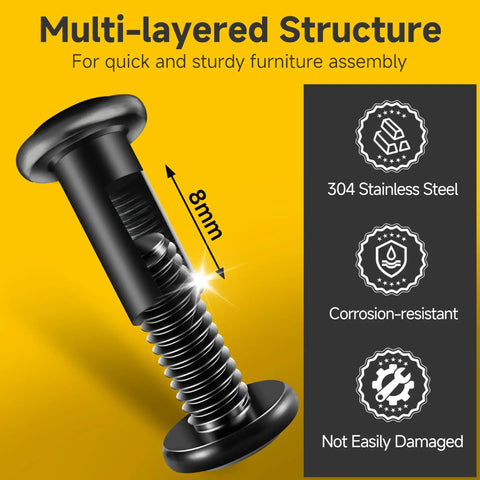 Quarter Inch Pro Grade Twenty By Three Quarters Flat Head Socket Cap Screws And Barrel Nuts Kit With Hex Key Fully Threaded 304 Stainless Steel Black Oxide Hardware showing 8mm multi-layered structure for furniture assembly.
