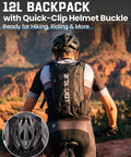 Cyclist wearing 12L backpack with quick-clip helmet buckle, shown from behind against rocky landscape.