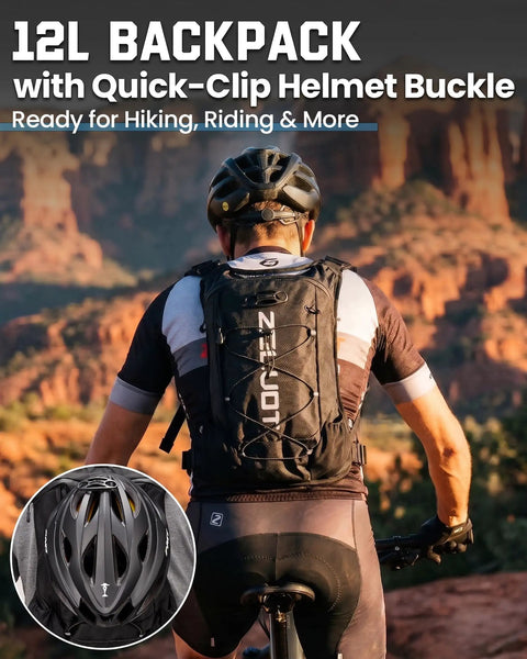 Cyclist wearing 12L backpack with quick-clip helmet buckle, shown from behind against rocky landscape.