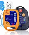 AED automatic external defibrillator, portable orange unit with blue control panel and dual pads, carrying case
