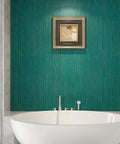 Teal Green Grasscloth Peel And Stick Wallpaper For Walls Self Adhesive Textured Linen Vinyl Covering Waterproof Faux Grasscloth for home decor in bathroom setting.