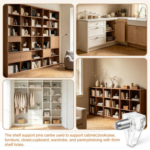 20 Pack Clear Cabinet Shelf Support Pegs Equipped With 5mm Locking Holder Clips Premium Replacement Hardware in stylish wooden furniture.