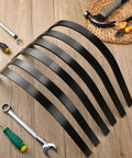 Six Pack Heavy Duty Rock Rake Tines Replacement For Landscape Rakes One Inch By Five Sixteenth Inch One Bolt Mount Heat Treated Steel Clam Rake Tines For Yard Maintenance And Restoration Upgrade displayed on a wooden surface with tools.