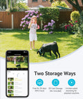 2K Outdoor Security Camera With Color Night Vision displaying live video of child and dog, showcasing storage options.