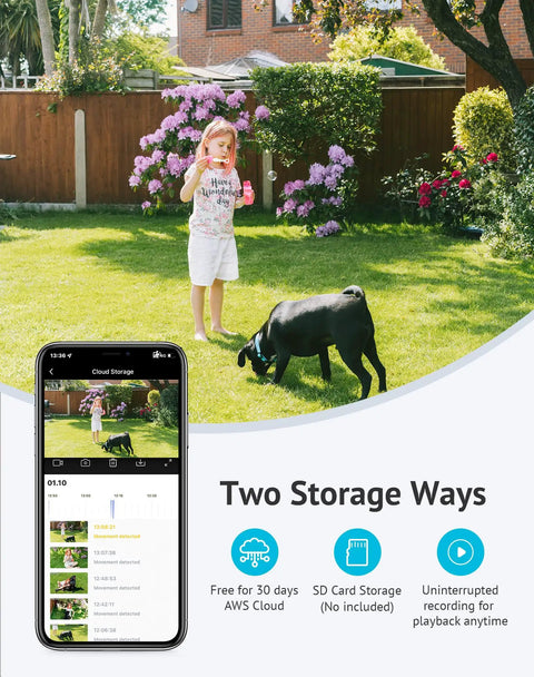 2K Outdoor Security Camera With Color Night Vision displaying live video of child and dog, showcasing storage options.