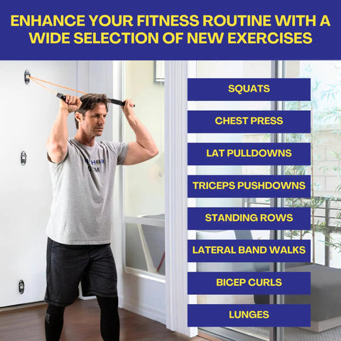 Man using Heavy Duty Wall Mount Anchor For Resistance Bands and Cable Straps Set Of 3 Black in home gym for exercises.