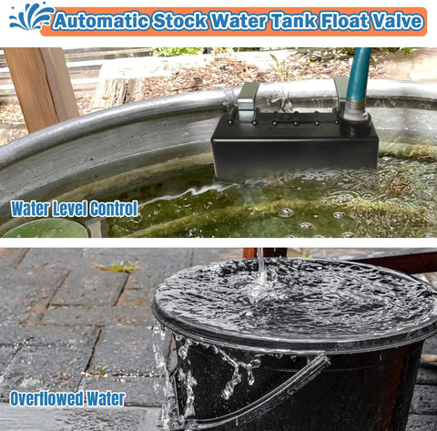 Automatic Stock Tank Float Valve For Livestock Waterer Trough With Safe Auto Water Level Control No More Night Checks Prevents Overfill And Flooding Easy Farm Water Management For Ranch Barn Yard, black ABS float valve on stock tank