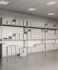 Bulletproof Workhorse Boltless Shelving Add On Rack With Three Adjustable Gray Shelves 24 By 36 By 72 Inches holding storage boxes.